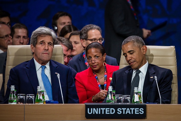 US President Barack Obama (R), US Secretary of State John Kerry (L) and White House National Security Advisor Susan Rice (C) are seen before the meeting of heads of state of the North Atlantic Council (NAC) taking place during a NATO summit on July 8, 2016 in Warsaw, Poland. The Polish capital Warsaw hosts a two-day top-level NATO meeting, for the first time since Poland joined the alliance in 1999. / AFP / WOJTEK RADWANSKI (Photo credit should read WOJTEK RADWANSKI/AFP/Getty Images)