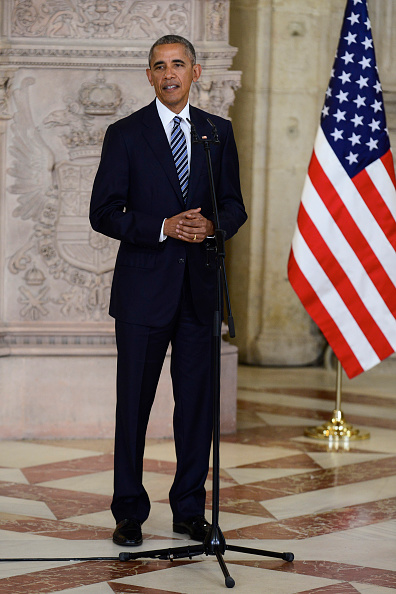 MADRID, SPAIN - JULY 10: US President Barack Obama give a speech at The Royal Palace on July 10, 2016 in Madrid, Spain. President Obama arrived yesterday from the NATO summit in Warsaw and has reportedly had to shorten his first official visit to Spain after the Dallas shootings which killed five policemen on Thursday. (Photo by Borja B. Hojas - Pool/Getty Images)