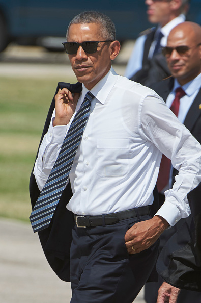 MADRID, SPAIN - JULY 10: US President Barack Obama departs from Torrejon Airport to Rota Naval Base in Cadiz on July 10, 2016 in Madrid, Spain. President Obama arrived yesterday from the NATO summit in Warsaw and has reportedly had to shorten his first official visit to Spain after the Dallas shootings which killed five policemen on Thursday. (Photo by Carlos Alvarez/Getty Images)