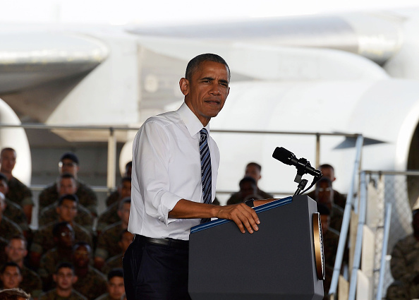 MADRID, SPAIN - JULY 10: U.S. President Barack Obama speaks as he visits Rota naval base on July 10, 2016 in Rota, Spain. President Obama arrived yesterday from the NATO summit in Warsaw and has reportedly had to shorten his first official visit to Spain after the Dallas shootings which killed five policemen. (Photo by Niccolo Guasti/Getty Images)