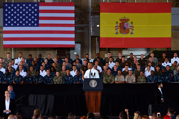 MADRID, SPAIN - JULY 10: U.S. President Barack Obama speaks as he visits Rota naval base on July 10, 2016 in Rota, Spain. President Obama arrived yesterday from the NATO summit in Warsaw and has reportedly had to shorten his first official visit to Spain after the Dallas shootings which killed five policemen. (Photo by Niccolo Guasti/Getty Images)