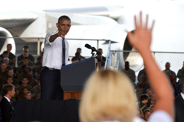 ROTA, SPAIN - JULY 10: U.S. President Barack Obama speaks as he visits Rota naval base on July 10, 2016 in Rota, Spain. President Obama arrived yesterday from the NATO summit in Warsaw and has reportedly had to shorten his first official visit to Spain after the Dallas shootings which killed five policemen. (Photo by Niccolo Guasti/Getty Images)