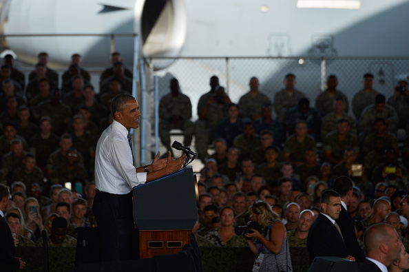 ROTA, SPAIN - JULY 10: U.S. President Barack Obama speaks as he visits Rota naval base on July 10, 2016 in Rota, Spain. President Obama arrived yesterday from the NATO summit in Warsaw and has reportedly had to shorten his first official visit to Spain after the Dallas shootings which killed five policemen. (Photo by Niccolo Guasti/Getty Images)