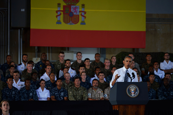 ROTA, SPAIN - JULY 10: U.S. President Barack Obama speaks as he visits Rota naval base on July 10, 2016 in Rota, Spain. President Obama arrived yesterday from the NATO summit in Warsaw and has reportedly had to shorten his first official visit to Spain after the Dallas shootings which killed five policemen. (Photo by Niccolo Guasti/Getty Images)