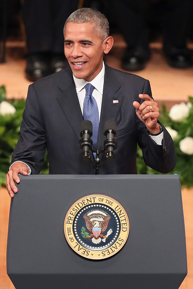 DALLAS, TX - JULY 12: U.S. President Barack Obama delivers remarks during an interfaith memorial service, honoring five slain police officers, at the Morton H. Meyerson Symphony Center on July 12, 2016 in Dallas, Texas. A sniper opend fire following a Black Lives Matter march in Dallas killing five police officers and injuring 12 others. (Photo by Tom Pennington/Getty Images)