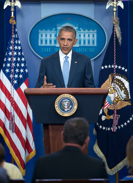 WASHINGTON, DC - JULY 17: President Obama speaks at a press conference in the Brady Press Briefing Room at the White House on July 17, 2016 in Washington, DC. Obama remarked on the shooting in Baton Rouge, Louisiana in which three officers were killed and three more wounded by armed suspects. (Photo by Leigh Vogel/Getty Images)