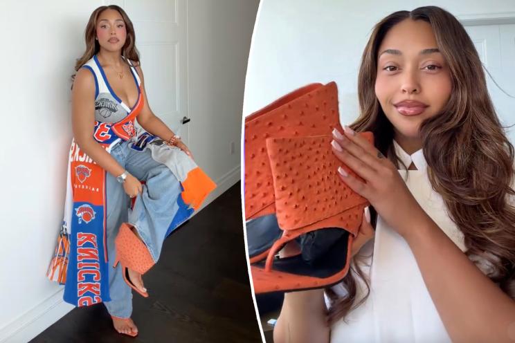 Collage of a woman wearing a New York Knicks outfit and holding orange heels.