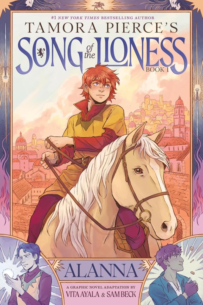 Alanna Graphic Novel Book Cover shows Alanna riding a horse. George and Jon are in the bottom corners.