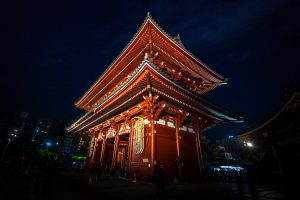 Asakusa Temple in Tokyo is a famous Japanese temple. The traditional architecture show a magical ambiance at night.