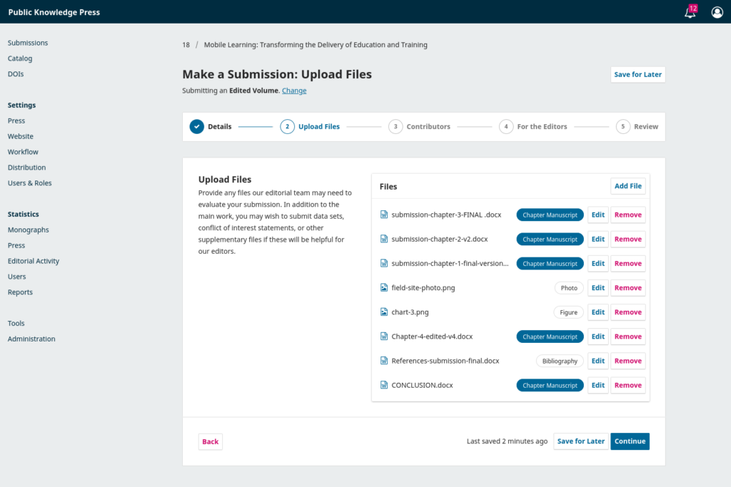 Screenshot of the file upload step of the submission wizard in OMP