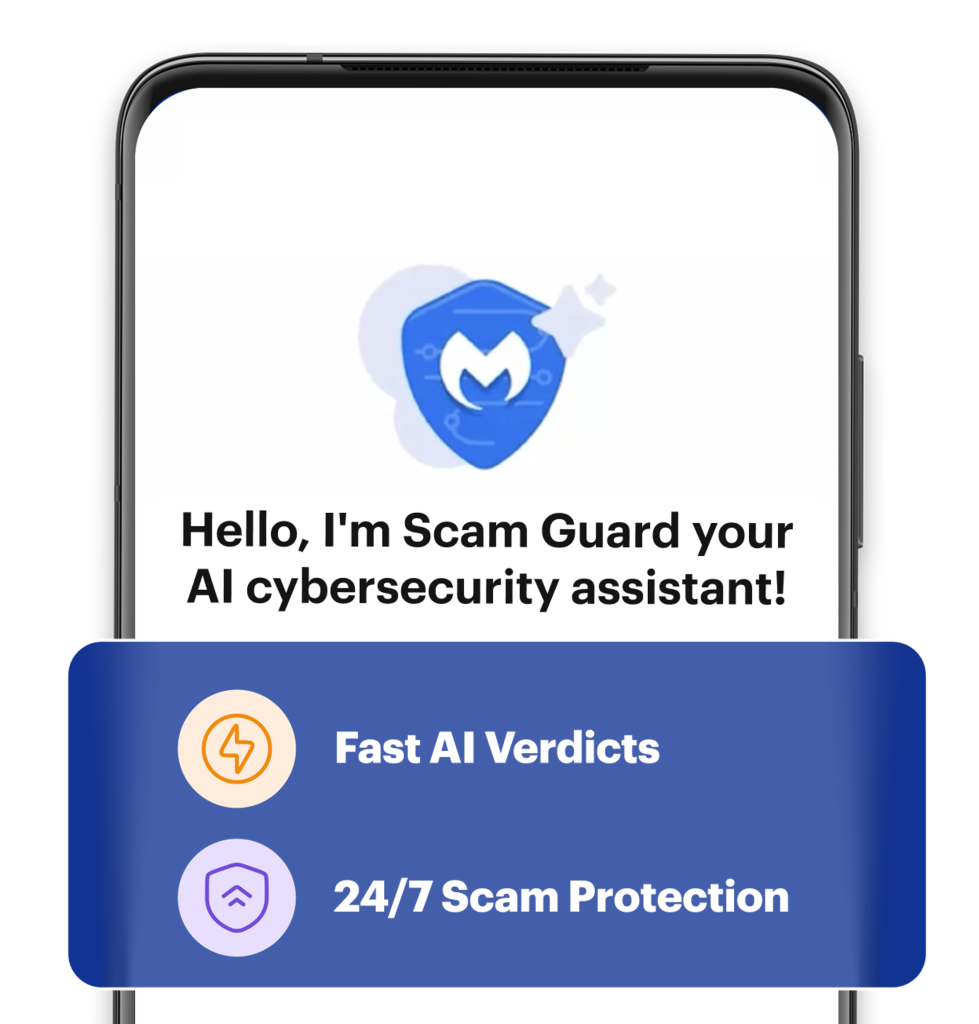 Malwarebytes Scam Guard-interface op mobiele telefoon met functiebanner.