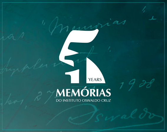 Logo for the 115-year anniversary of "Memórias do Instituto Oswaldo Cruz" featuring stylized text and background handwriting. Logo for the 115-year anniversary of "Memórias do Instituto Oswaldo Cruz" featuring stylized text and background handwriting.