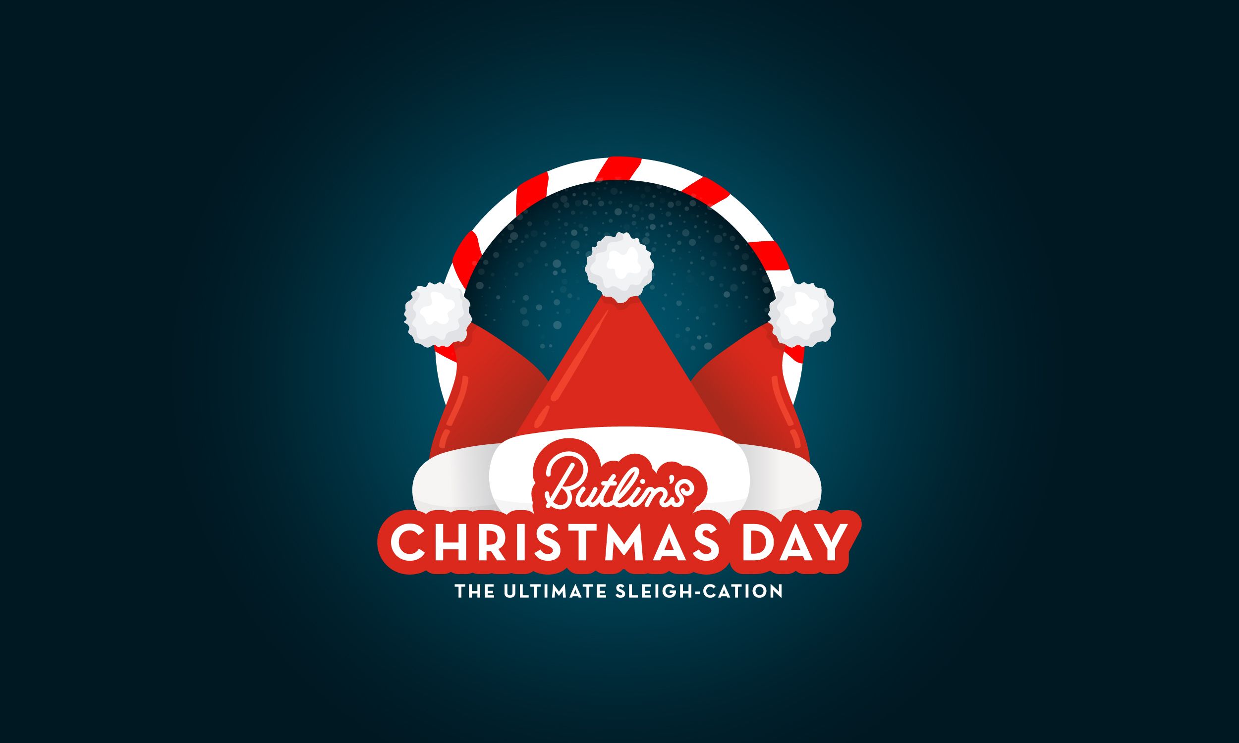 Festive red and white tent shaped like Santa hats, framed by a candy cane circle and snowy night sky, representing Butlin’s Christmas Day break.