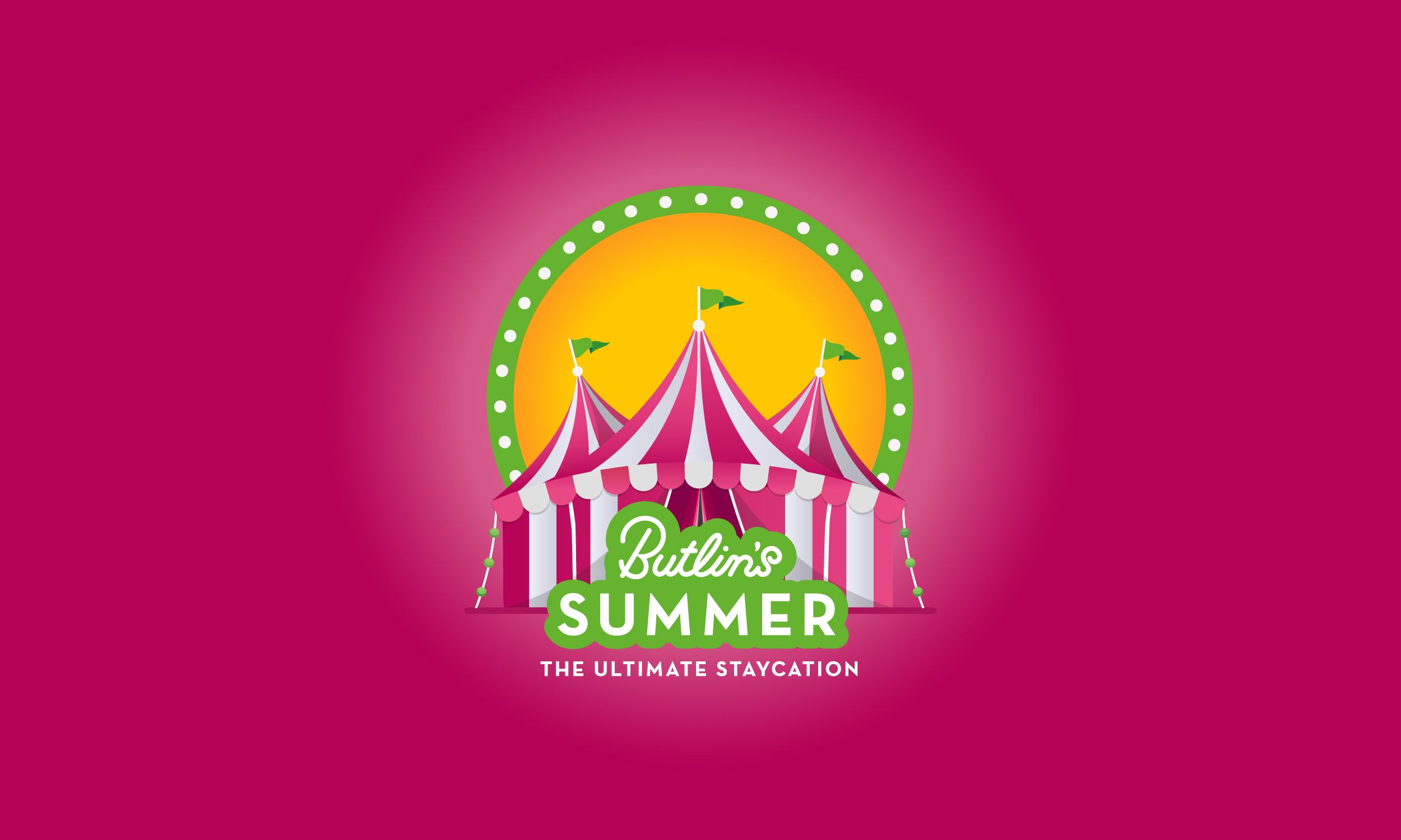 A summer-themed Butlin’s promo graphic featuring a candy-striped big top tent with a glowing sun behind and a ring of lightbulbs. The text reads “Butlin’s Summer” with the tagline “The Ultimate Staycation,” all on a vivid magenta background.