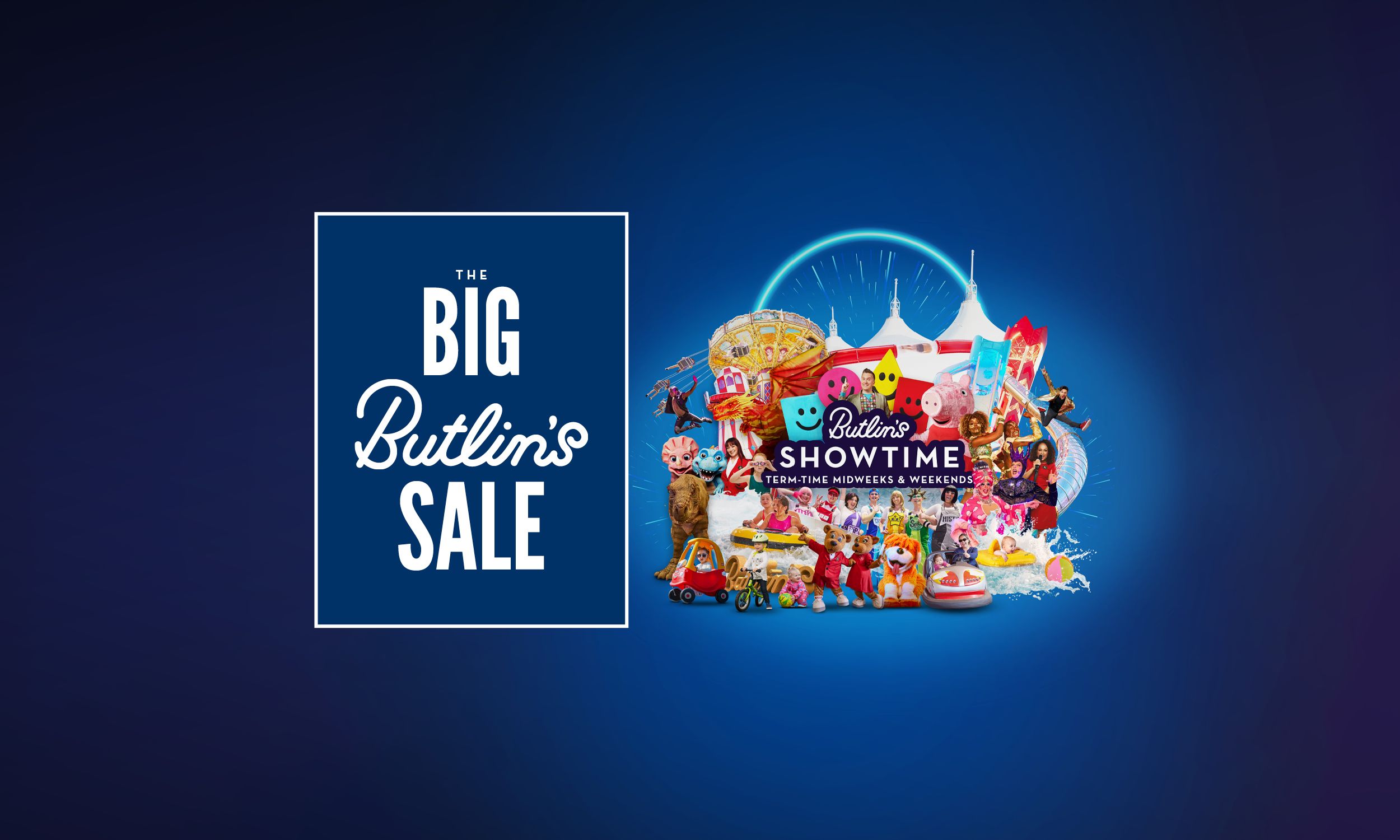 Promotional image for The Big Butlin’s Sale and Showtime breaks, featuring family entertainment characters, rides, and the Showtime logo with a white tent and vibrant blue background.