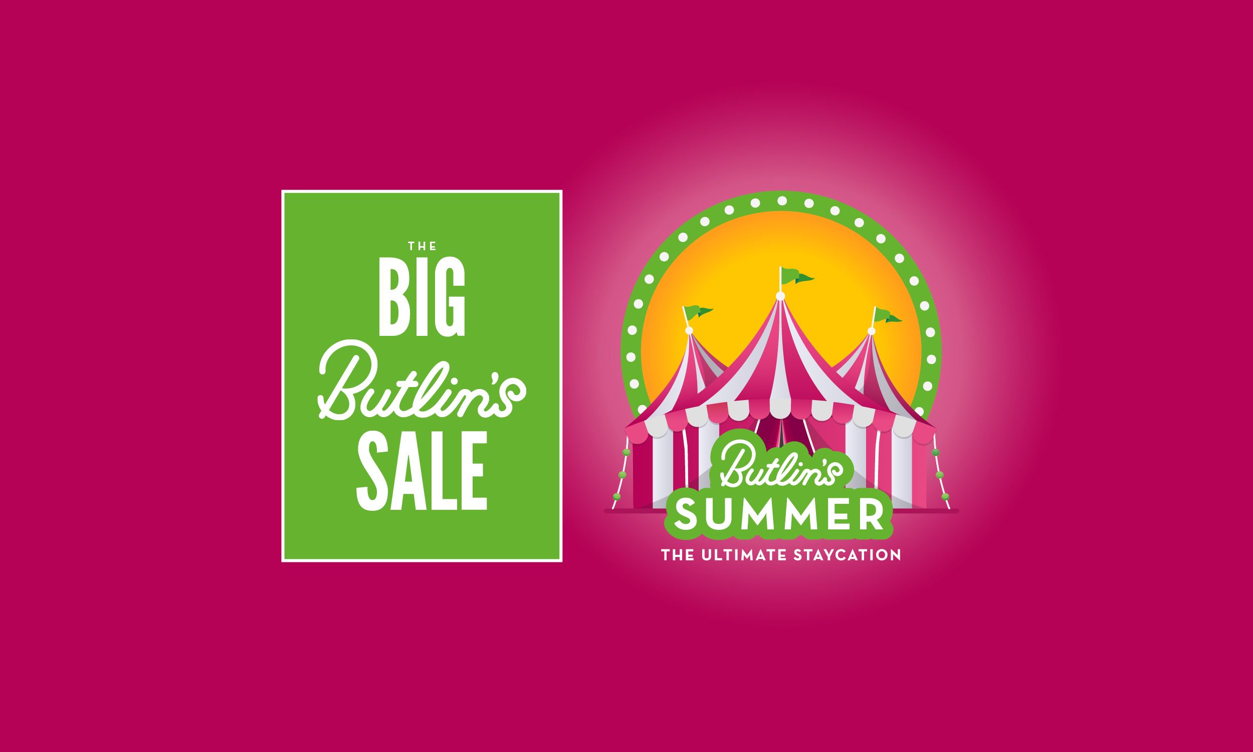 The Big Butlin’s Sale alongside a bright, colourful Butlin’s Summer logo featuring a pink and white striped tent under a glowing sun on a pink background.