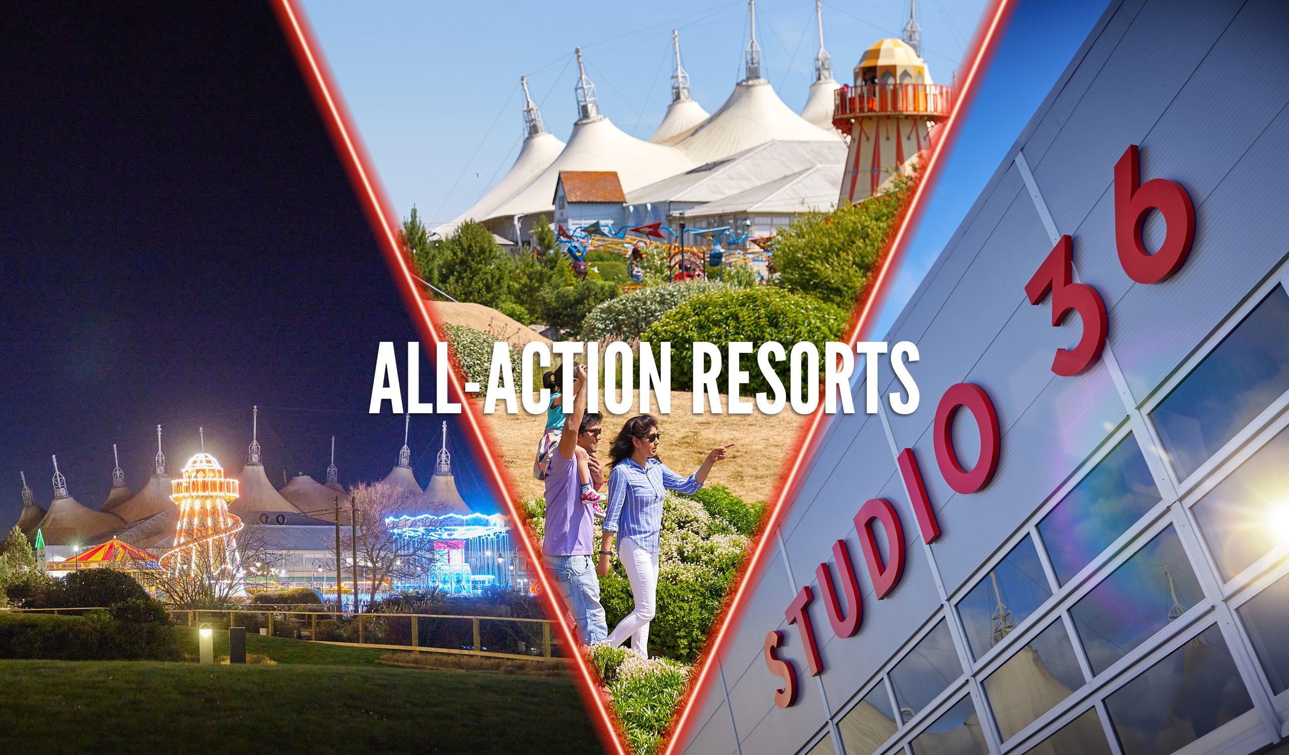 A split-image design with three triangular sections featuring Butlin’s highlights: a nighttime view of the Skyline Pavilion lit up with the helter-skelter glowing in amber lights, a sunny daytime shot with a family walking near the pavilion and helter-skelter, and a third section showing the modern Studio 36 venue with its red signage.