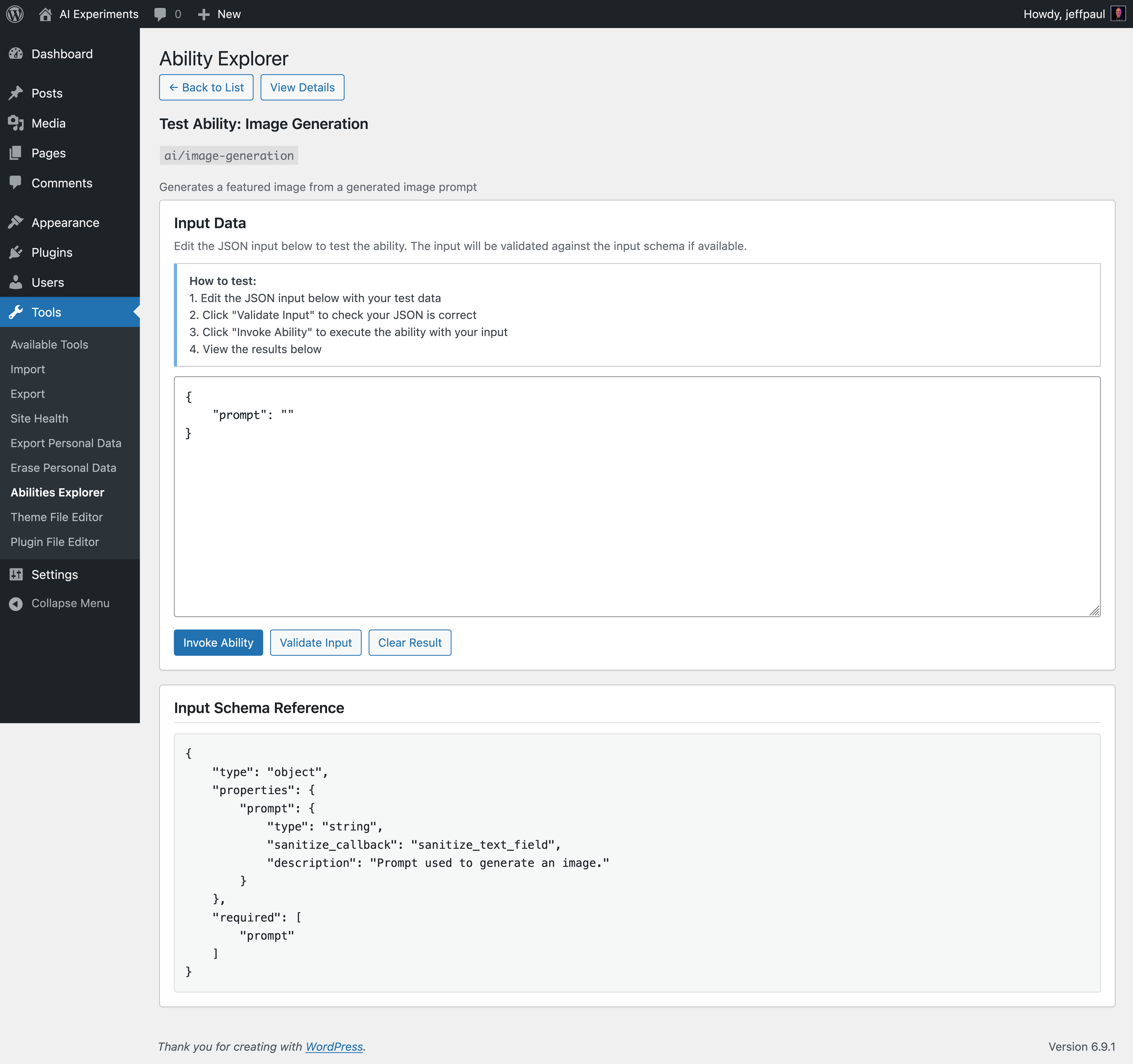 Abilities Explorer's test ability screen showing JSON input data, validation, and input schema reference for an AI ability.