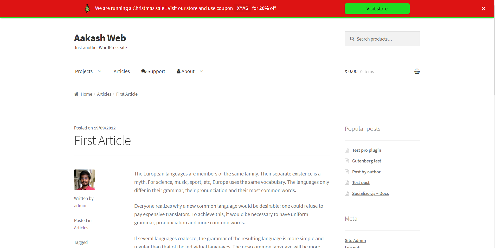 An example announcement added to the top of the page.