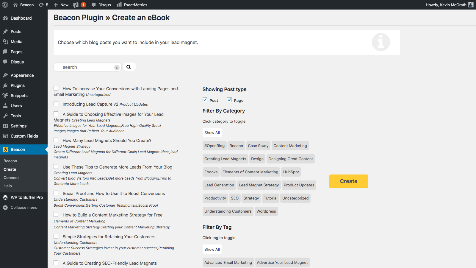 Creating an eBook is a simple matter of selecting which posts you wish to include.