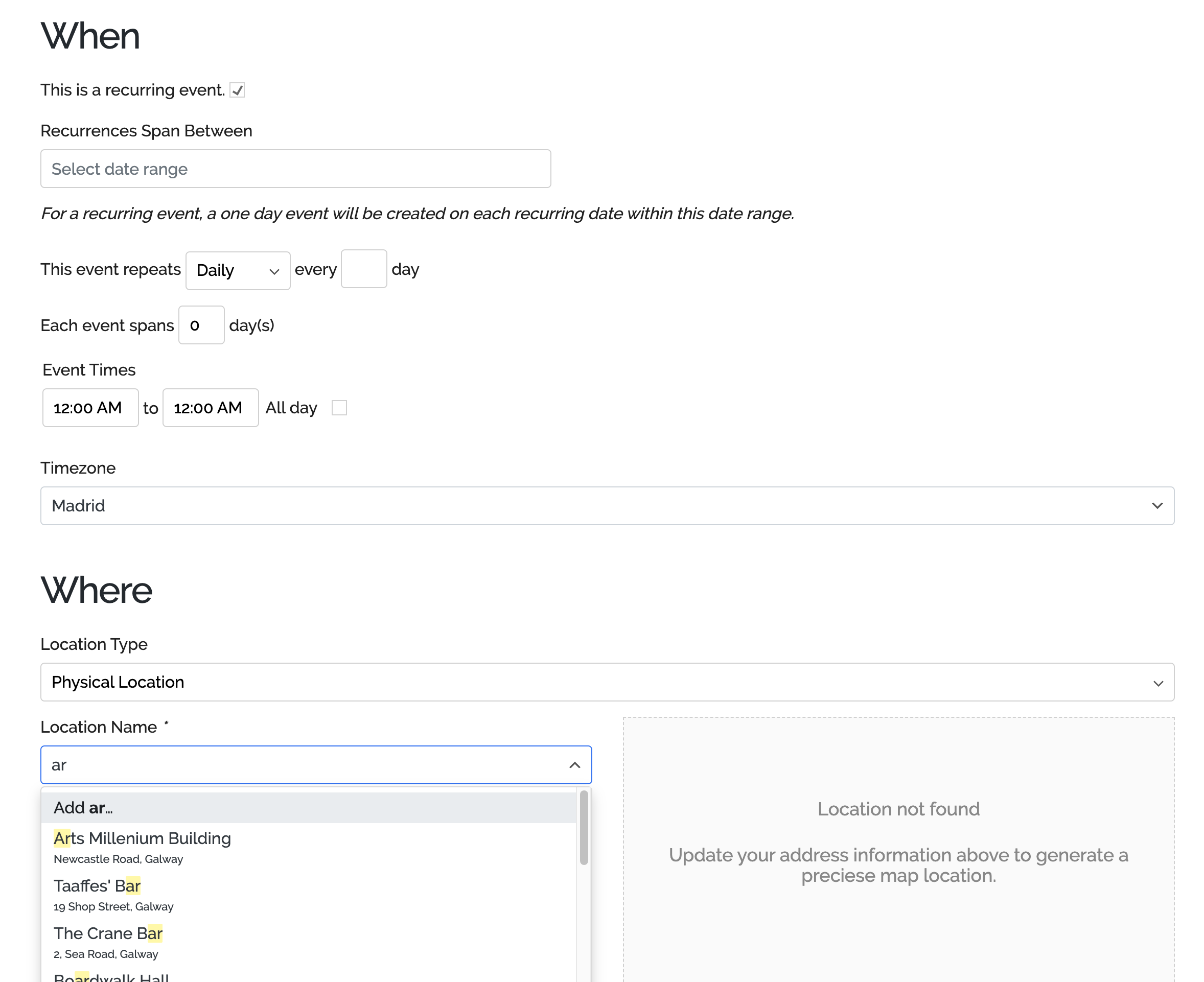 Clean forms for submitting and managing events, as well as booking events for users.