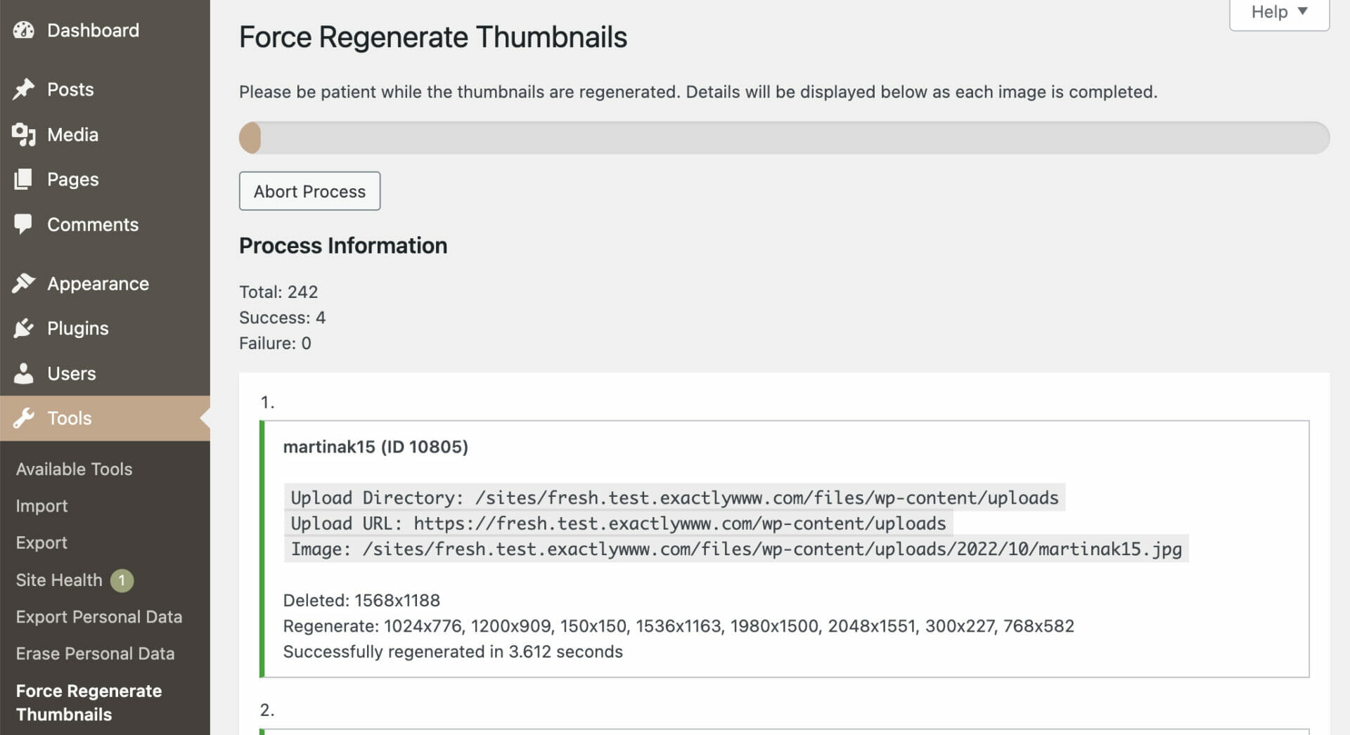 The plugin at work regenerating thumbnails