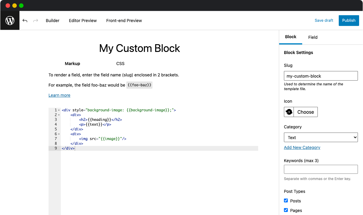 Create the markup for your block in wp-admin, if you'd like.