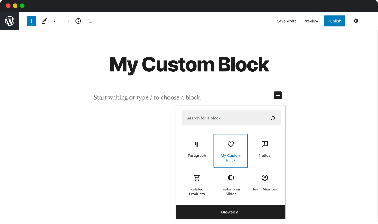 Your custom block in the block editor.