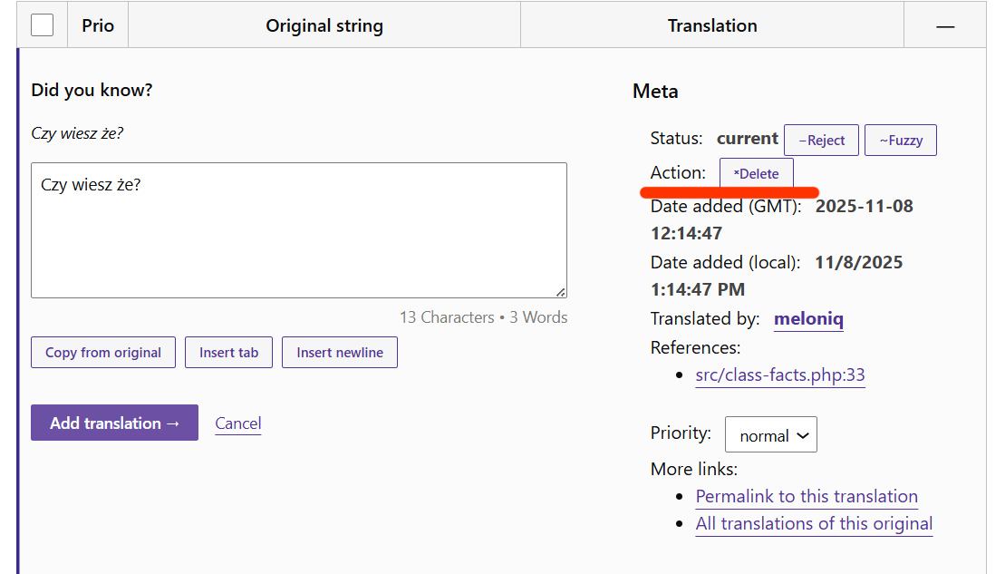 The "Delete Translation" button.