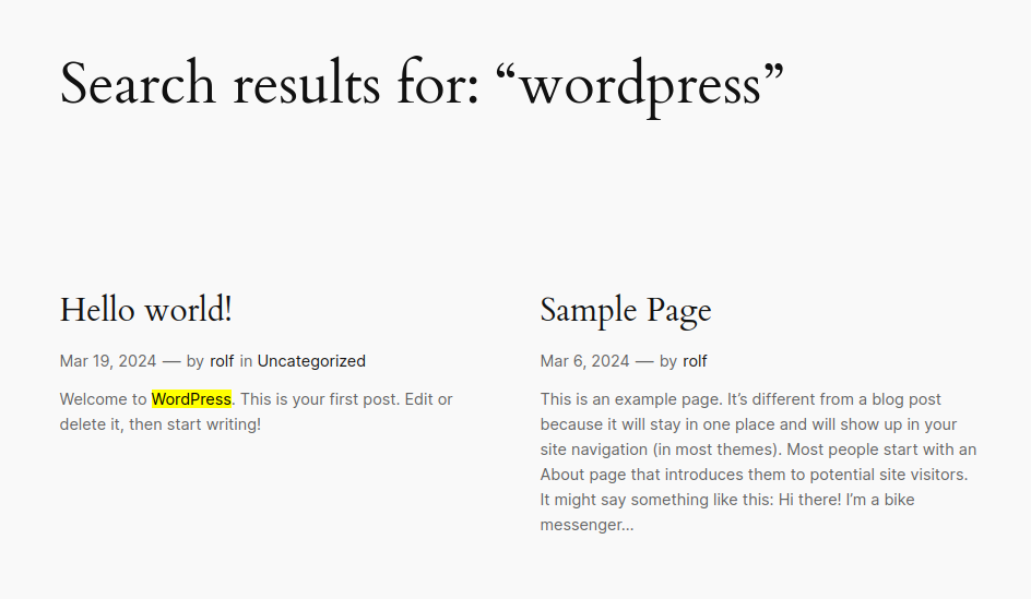 Example of search term highlighting with the default MARK tag.