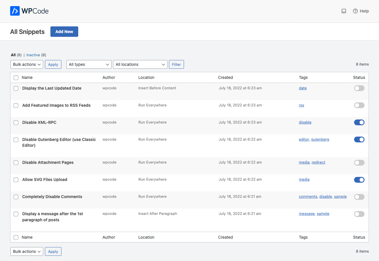 WordPress Code Snippets Management Screen