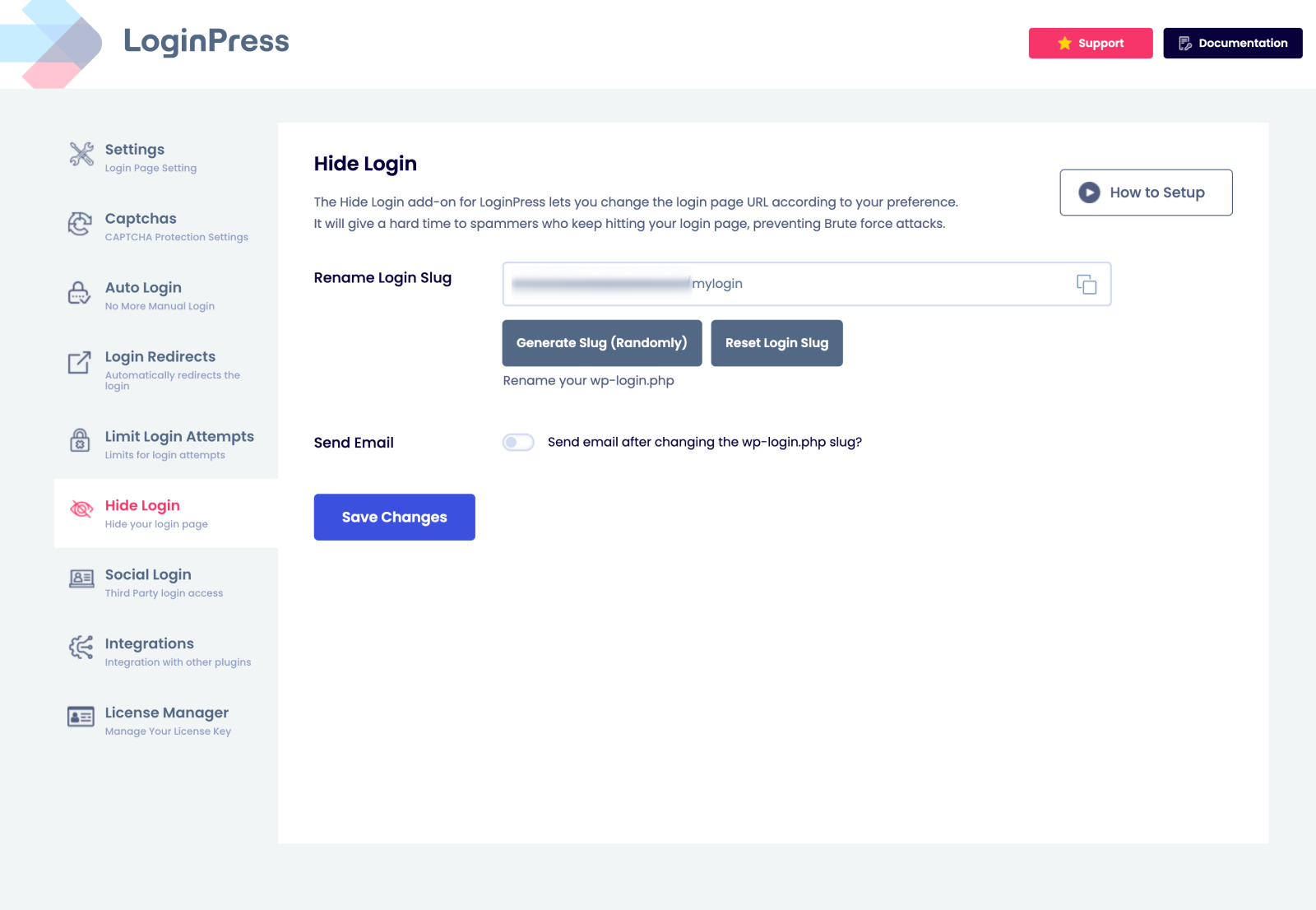 LoginPress Hide Login tab – customize your login URL to protect against brute-force attacks. Pro feature