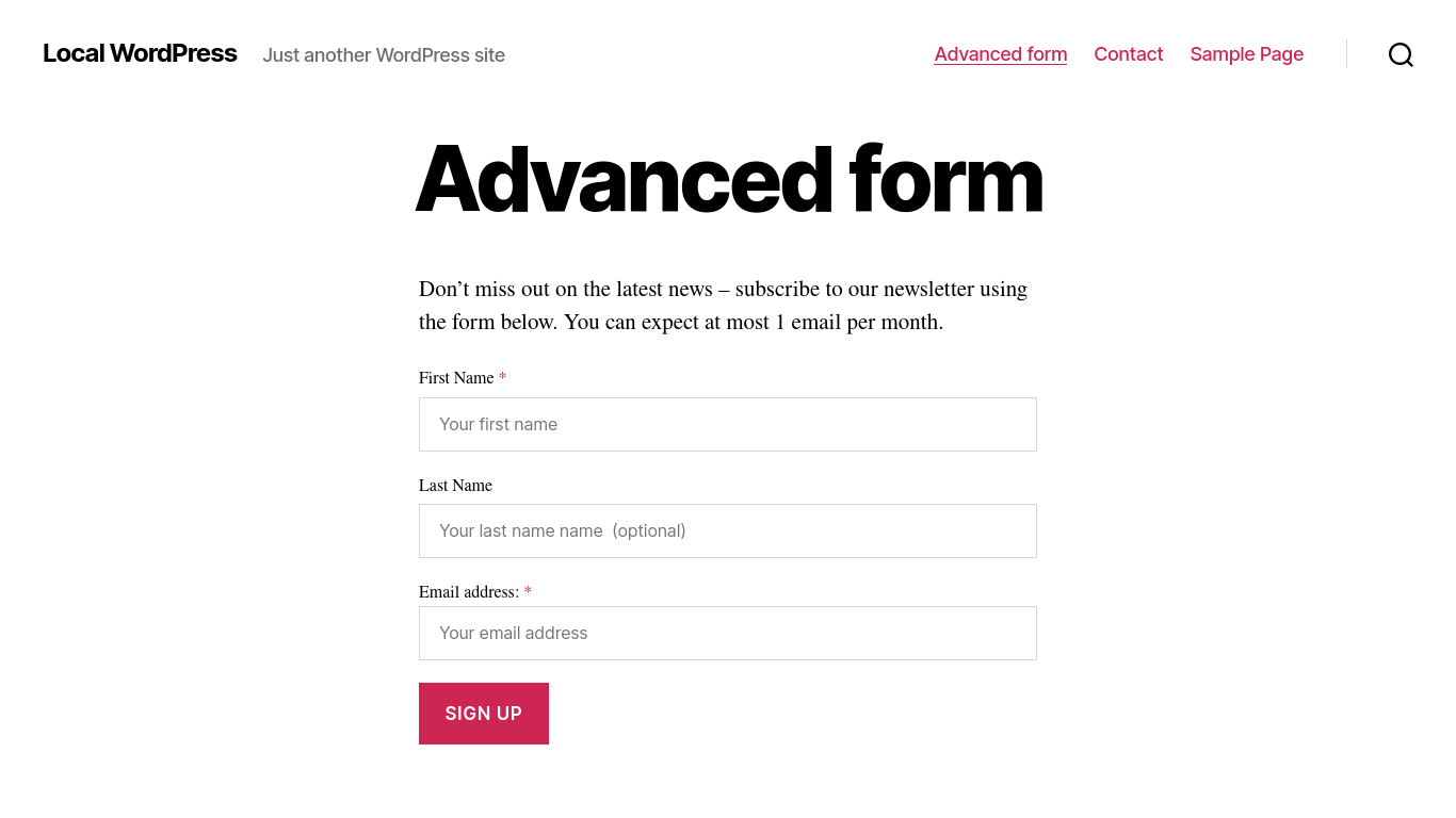 Example sign-up form in the TwentyTwenty theme.