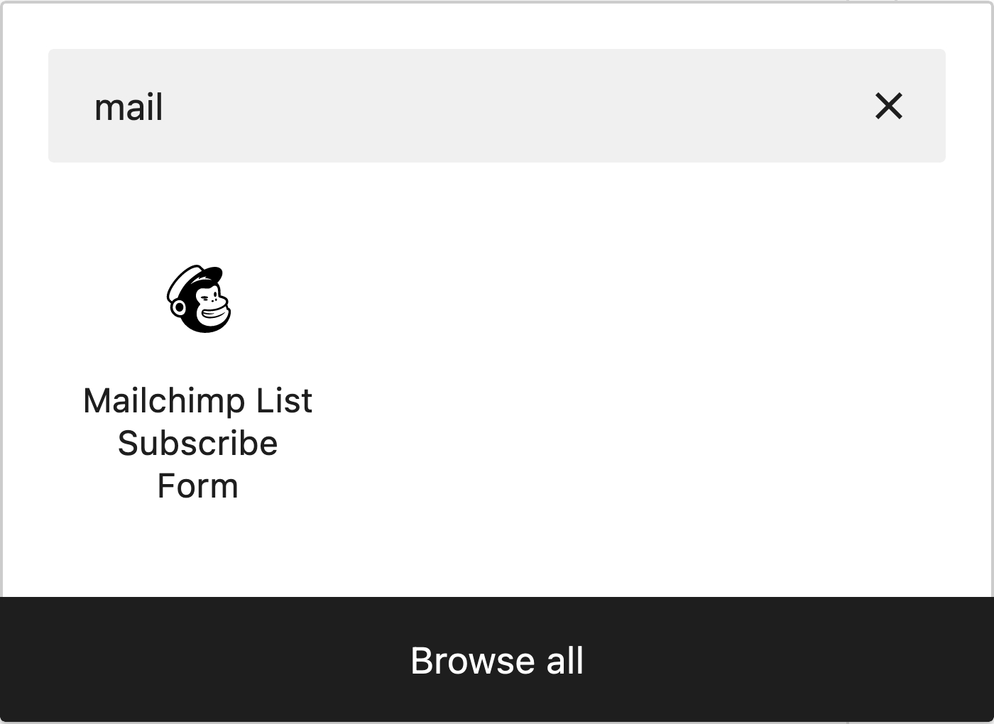 Mailchimp List Subscribe Form block within the block inserter.