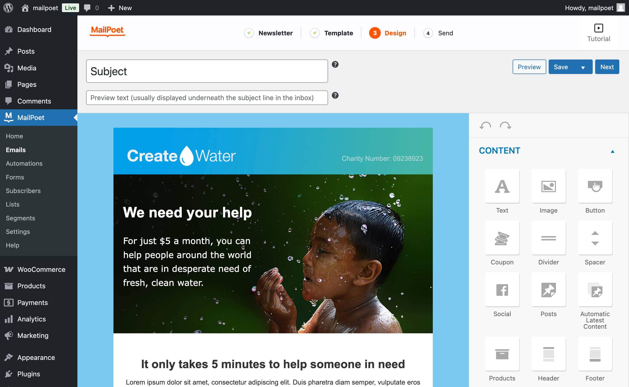 The drag-and-drop email designer
