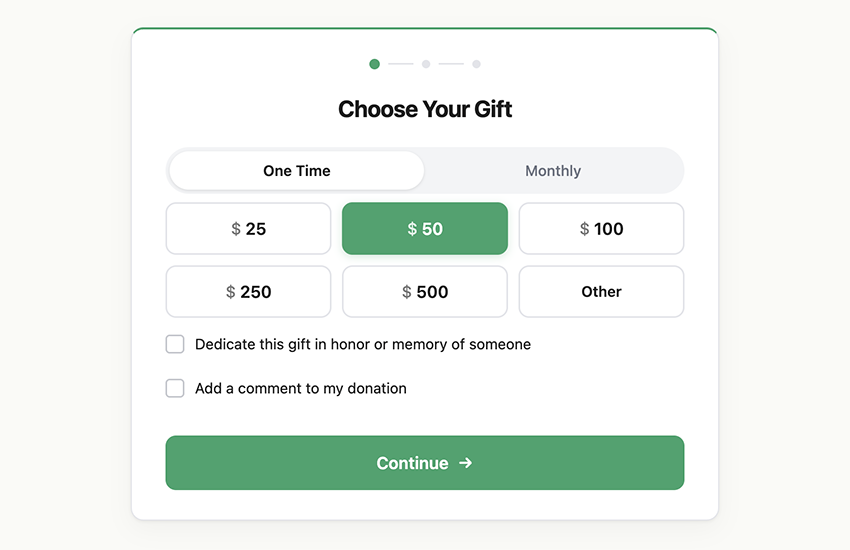 The donation form with suggested amounts, frequency picker, and tribute support.