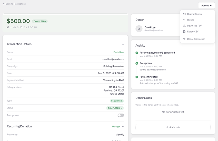 The transaction detail screen with payment info, donor details, and quick actions like refund, resend receipt, and PDF export.
