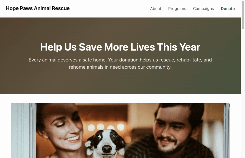 Public-facing campaign page built from blocks for progress tracking, donor wall, and an inline donation form.