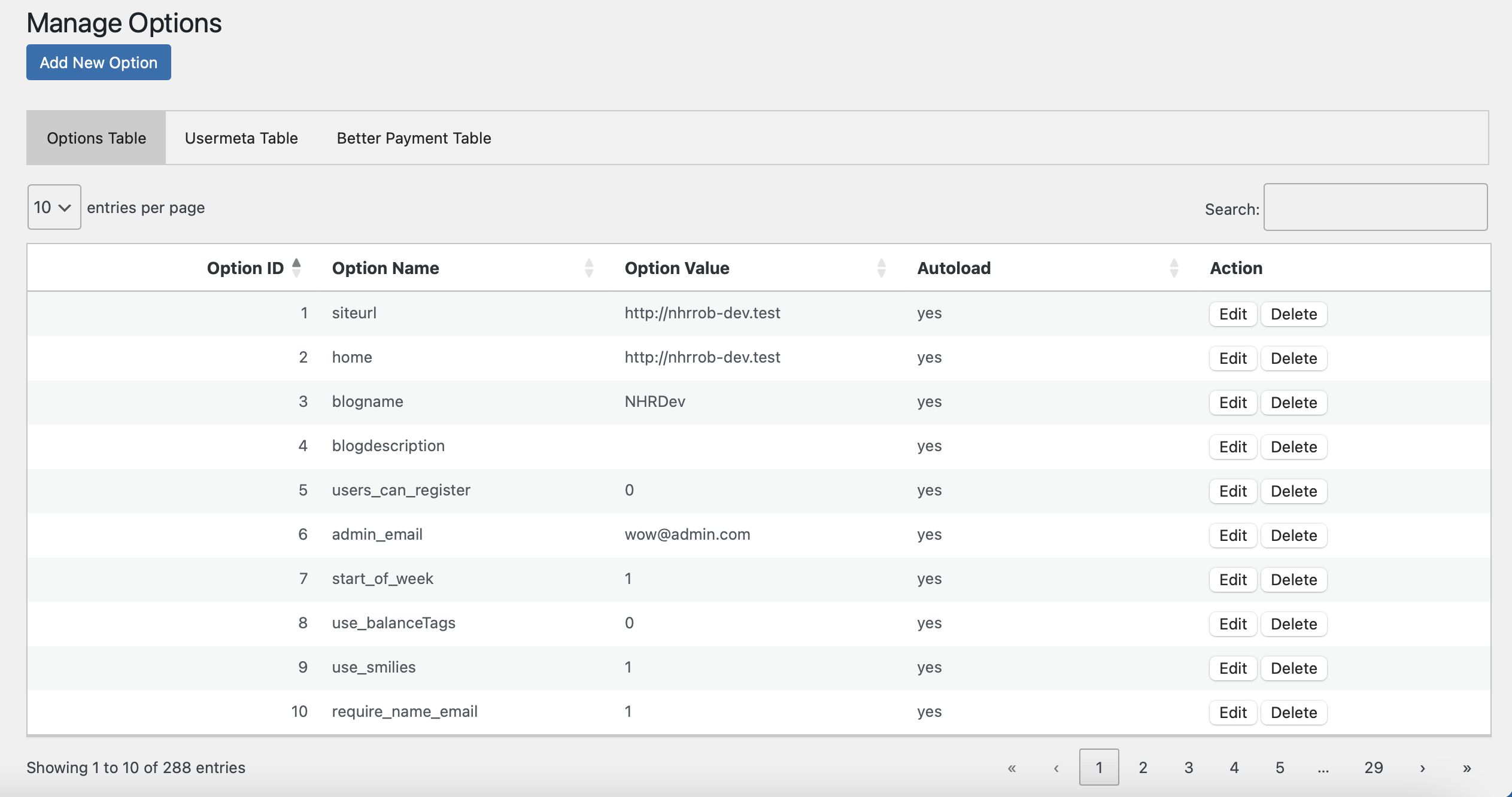DataTable view of the wp_options table