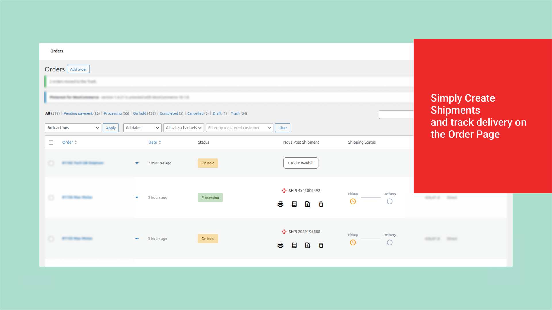 Shipment creation and delivery tracking on the WooCommerce order page