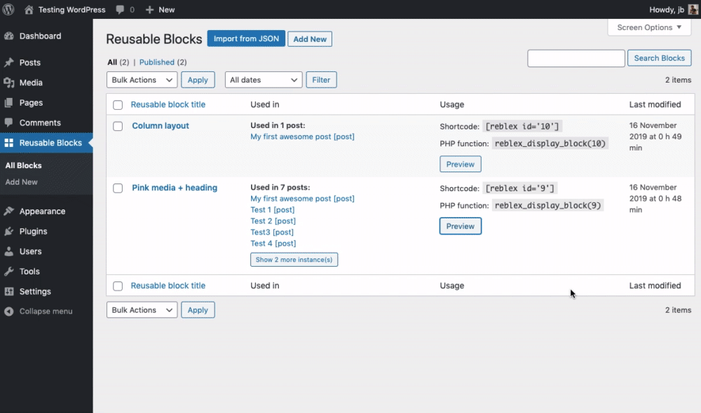 Extended Reusable Blocks admin screen with preview