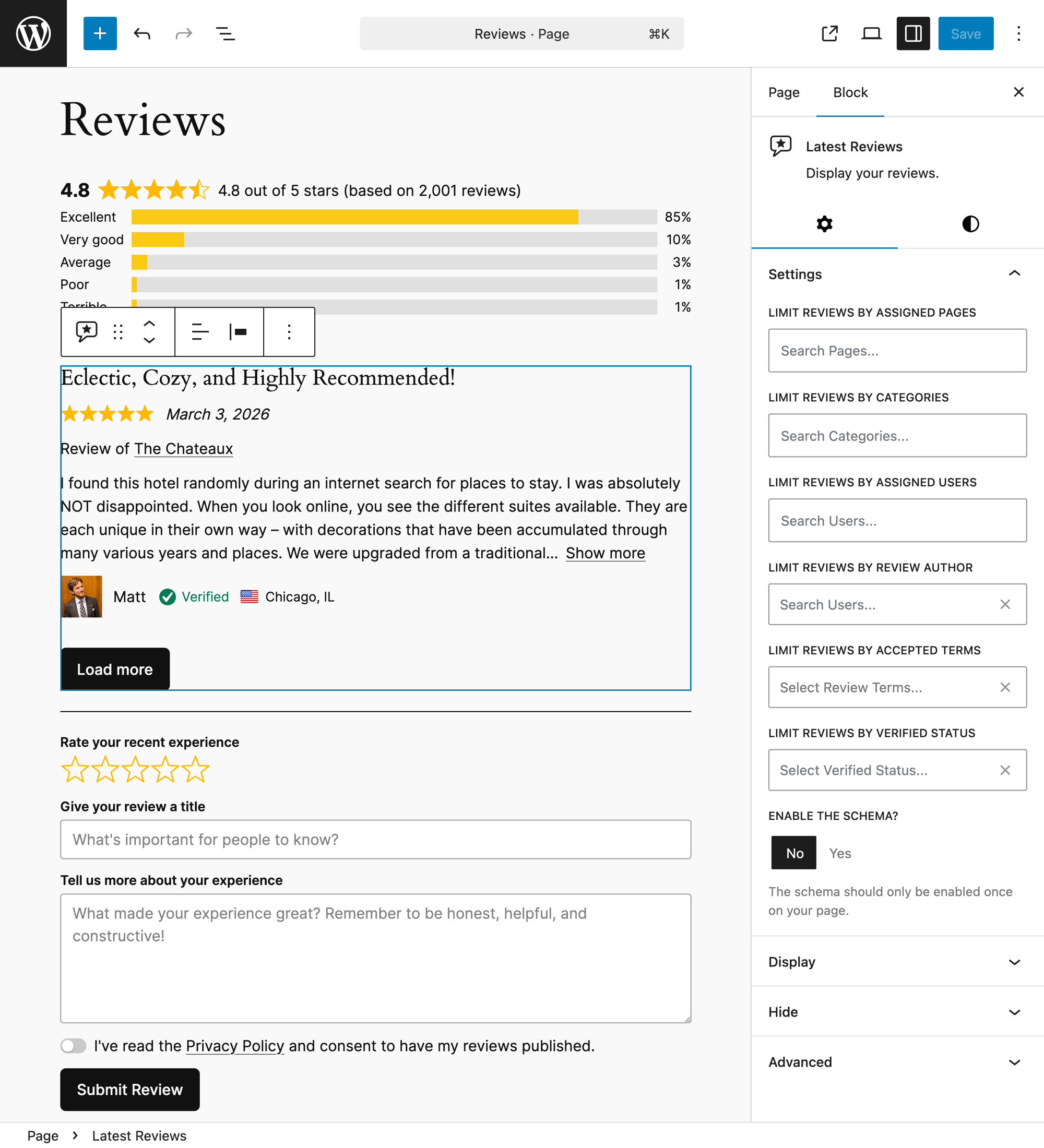 Site Reviews provides Gutenberg blocks, Elementor Widgets, and Shortcodes.
