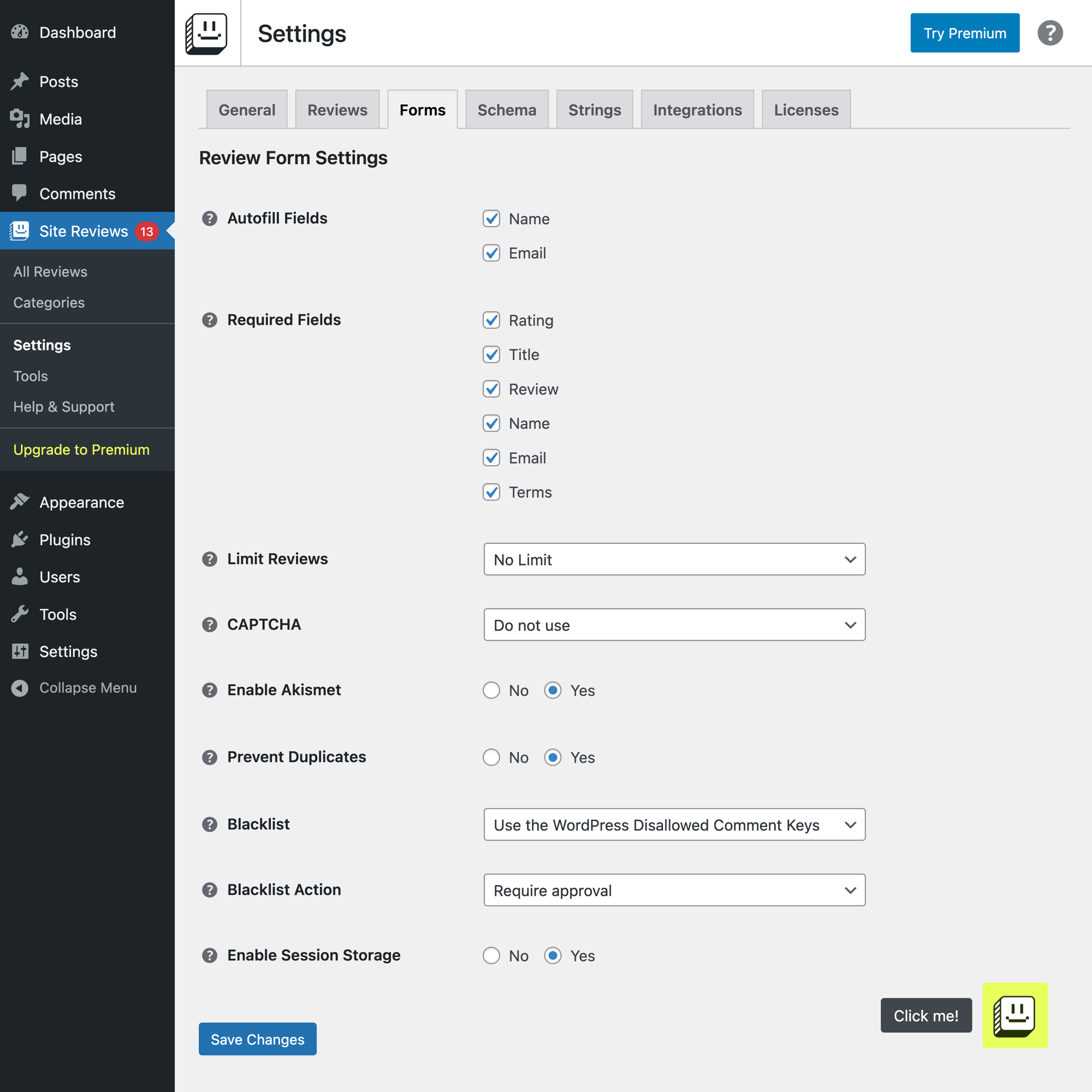 Settings for review form submissions.