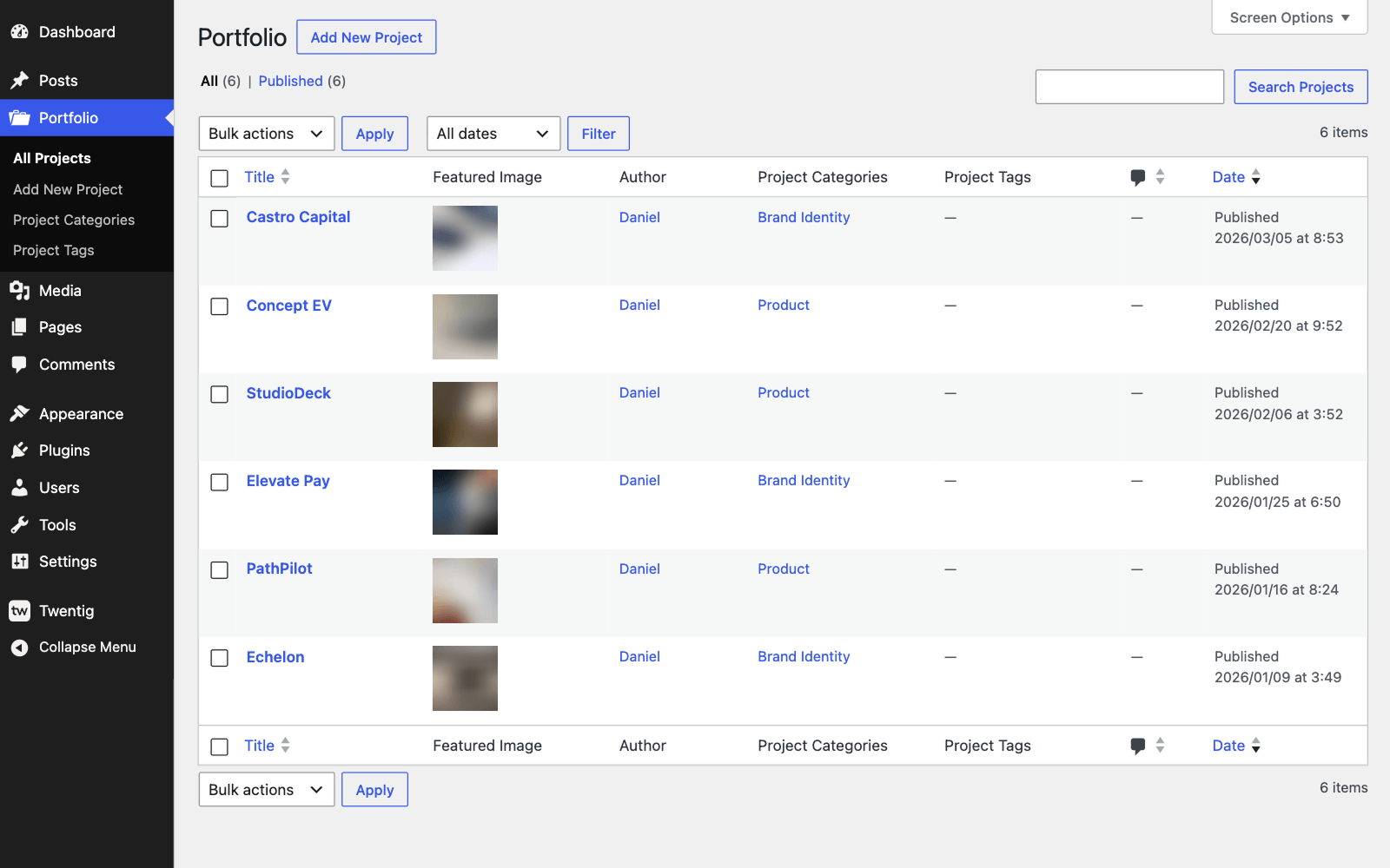 Manage your projects. Add, edit, and organize your work from Twentig’s dedicated Portfolio screen.