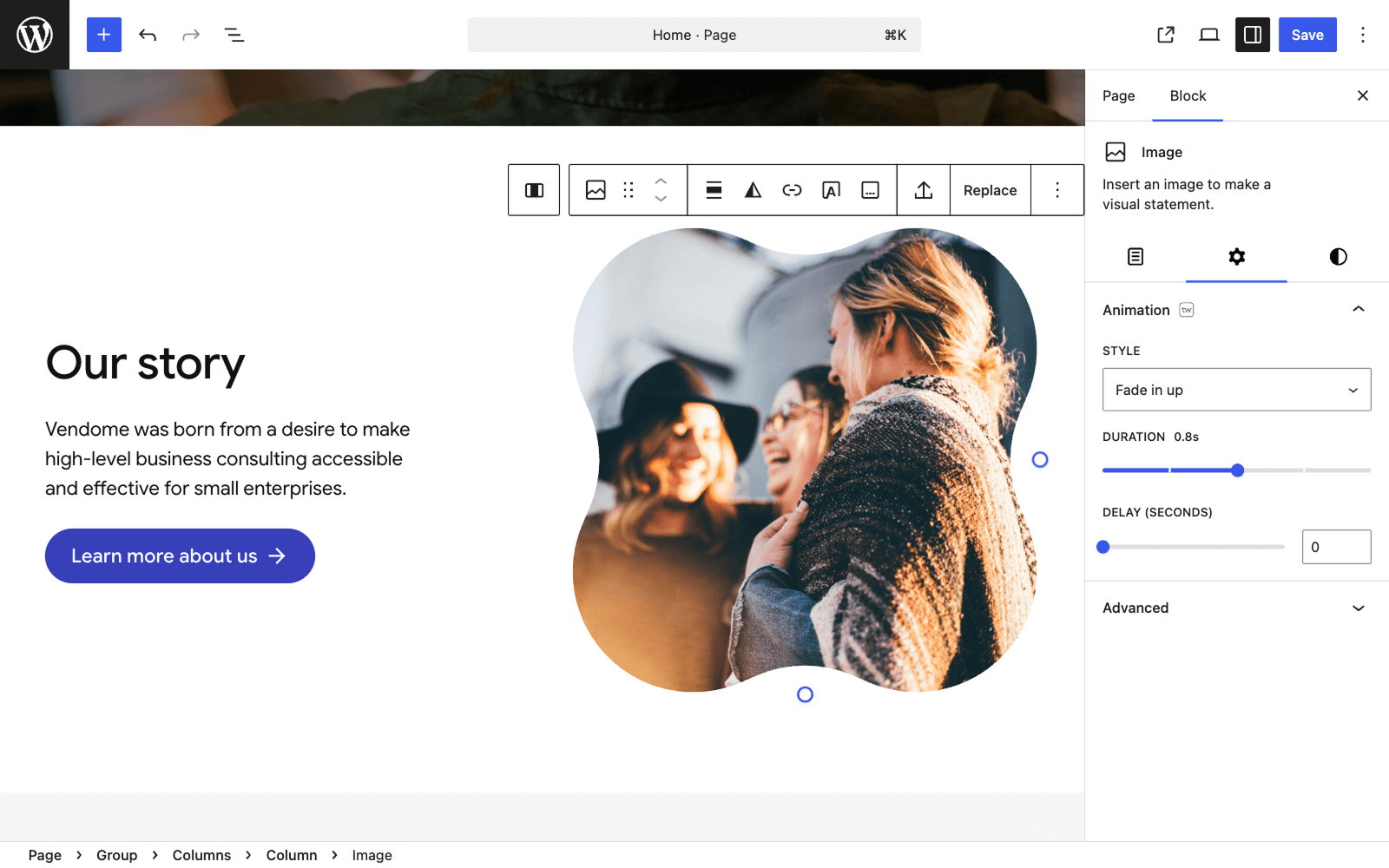 Customize WordPress blocks. Enhance existing blocks with extra settings like animations and image shapes in the block editor.