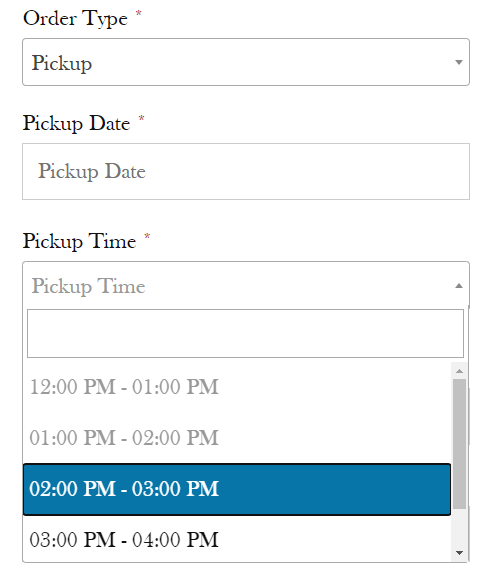 Checkout Page Pickup Time Field View