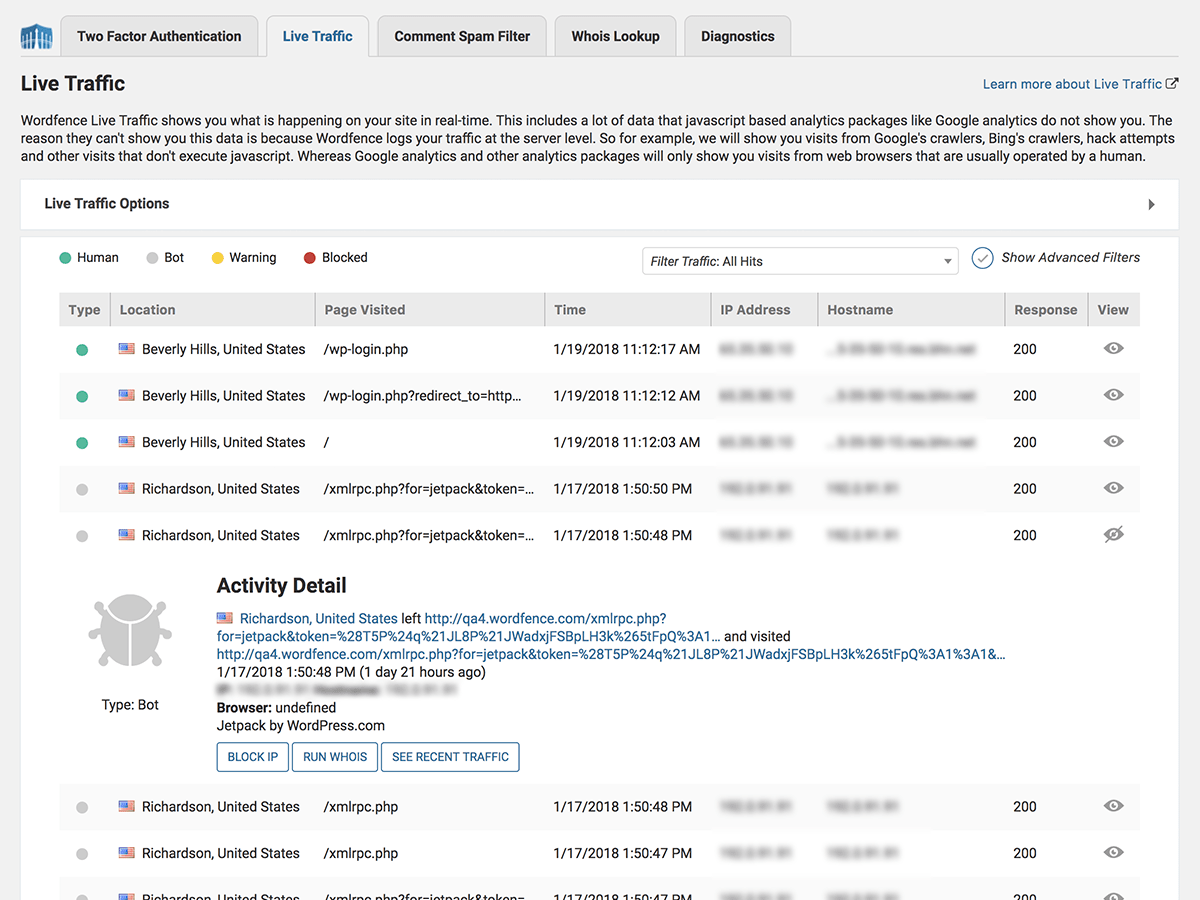 The Wordfence Live Traffic view shows you real-time activity on your site including bot traffic and exploit attempts.