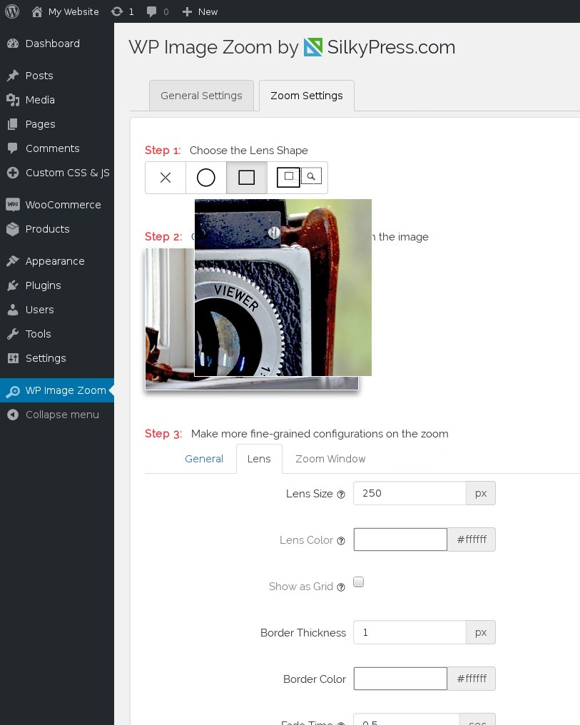 Configuration menu for the Square Lens