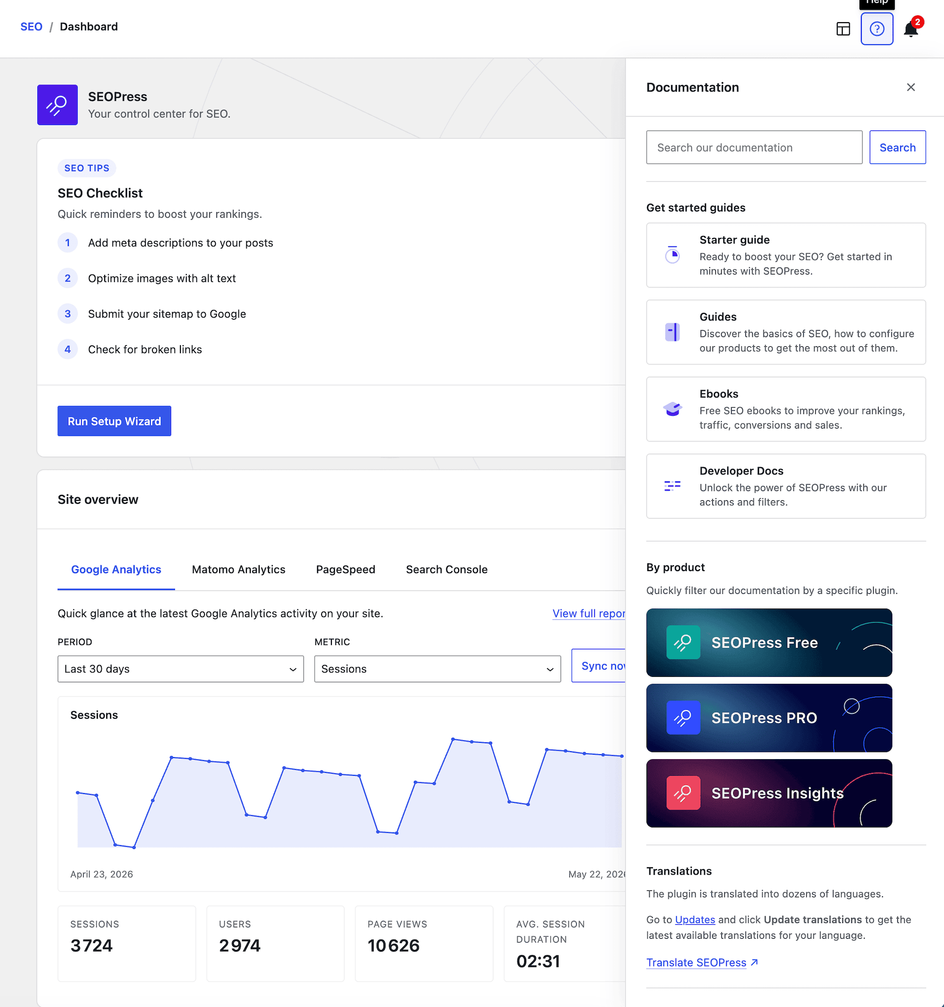 SEOPress Dashboard: notification center / control panel
