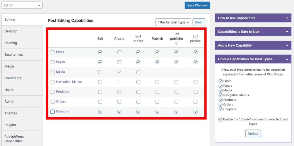 Capabilities custom post type